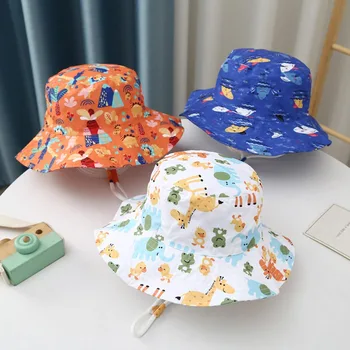 Детская солнцезащитная шляпа для мальчиков и девочек, хлопковая пляжная летняя кепка-ведро, детская кепка с мультяшным принтом