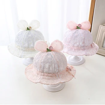 Рыбацкая шляпа для маленьких девочек с милым мультяшным кружевным цветком и широкими полями, солнцезащитная кепка-ведро, летние солнцезащитные шляпы принцессы для бассейна