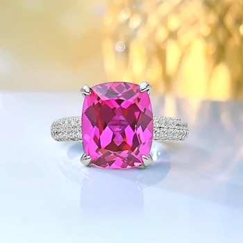 Точное прямоугольное кольцо с искусственным розово-красным турмалином S925, серебряные украшения для подарка на помолвку для женщин